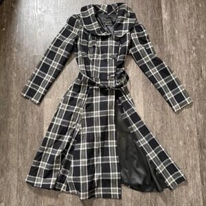 Stop Staring Plaid Swing Coat Women M Black White Wool Blend Belted Retro Pinup